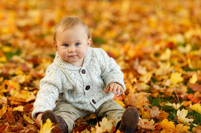 Baby sitting in Autumn leaves